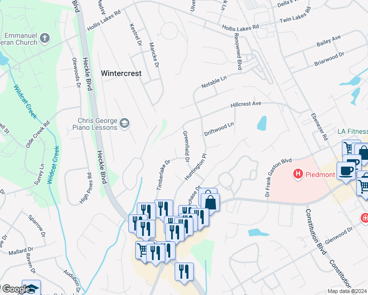 map of restaurants, bars, coffee shops, grocery stores, and more near 1935 Greenfield Drive in Rock Hill
