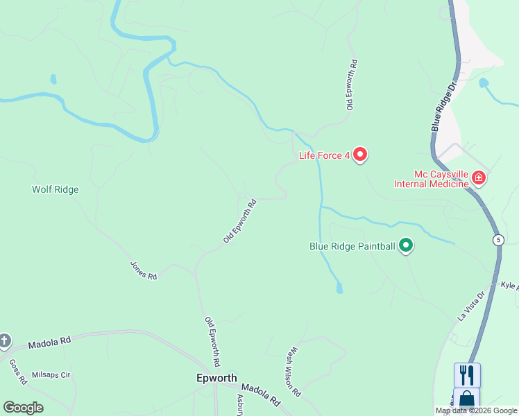 map of restaurants, bars, coffee shops, grocery stores, and more near 1411 Old Epworth Road in Epworth