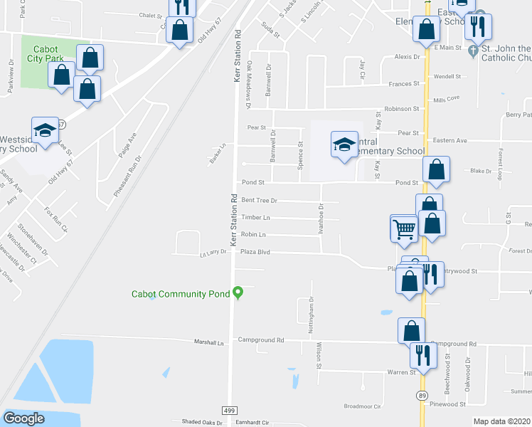 map of restaurants, bars, coffee shops, grocery stores, and more near 23 Timber Lane in Cabot