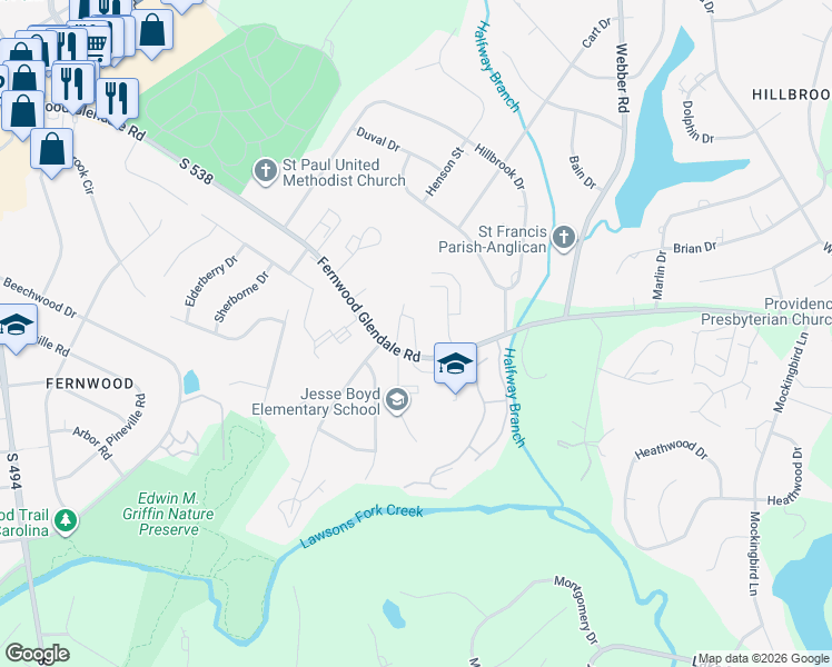 map of restaurants, bars, coffee shops, grocery stores, and more near 1504 Fernwood Glendale Road in Spartanburg