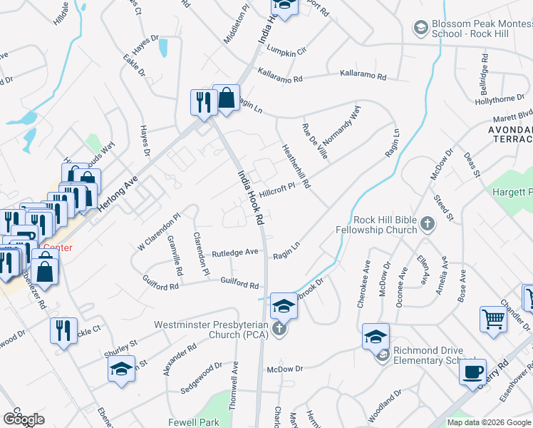 map of restaurants, bars, coffee shops, grocery stores, and more near 1638 India Hook Road in Rock Hill