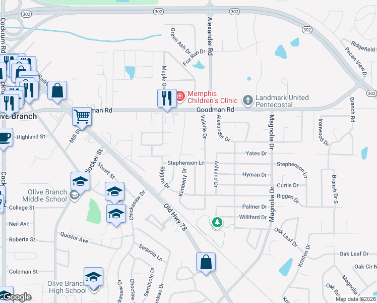 map of restaurants, bars, coffee shops, grocery stores, and more near 9940 Stephenson Lane in Olive Branch
