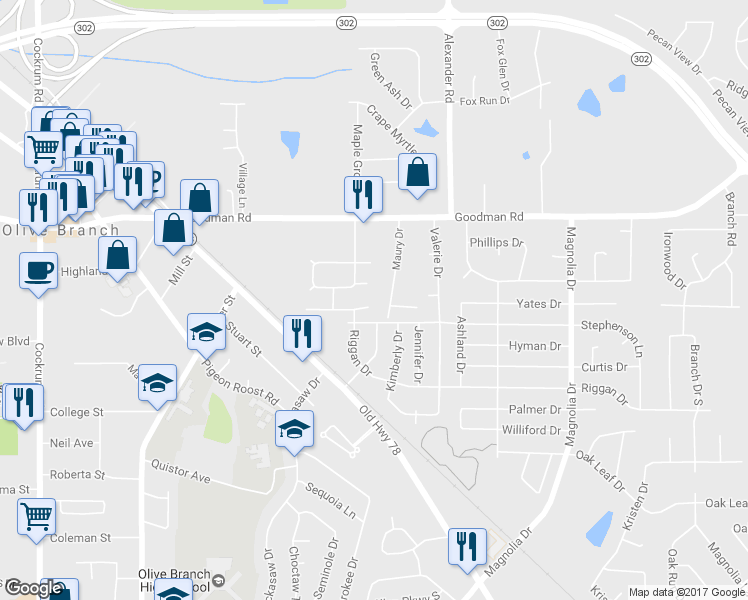 map of restaurants, bars, coffee shops, grocery stores, and more near 9826 Dogwood Court East in Olive Branch