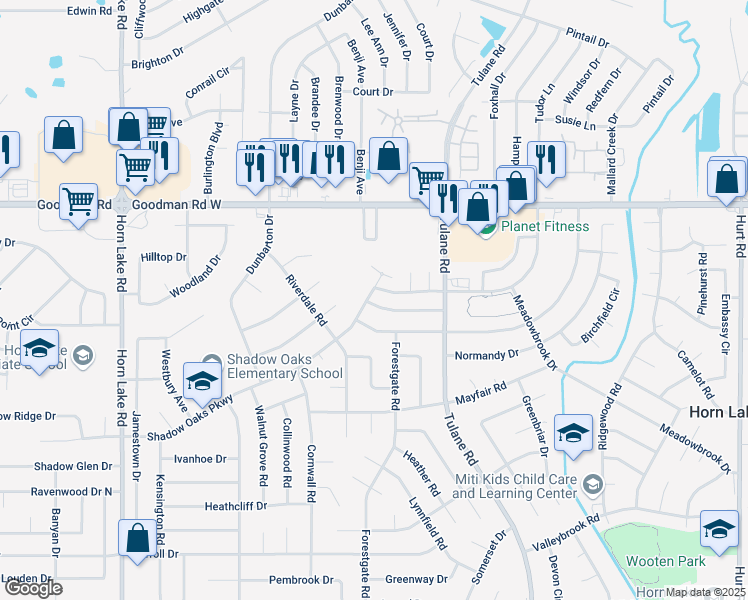 map of restaurants, bars, coffee shops, grocery stores, and more near 3434 Laurelwood Drive in Horn Lake