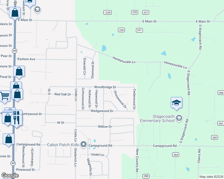 map of restaurants, bars, coffee shops, grocery stores, and more near 12 Applewood Cove in Cabot