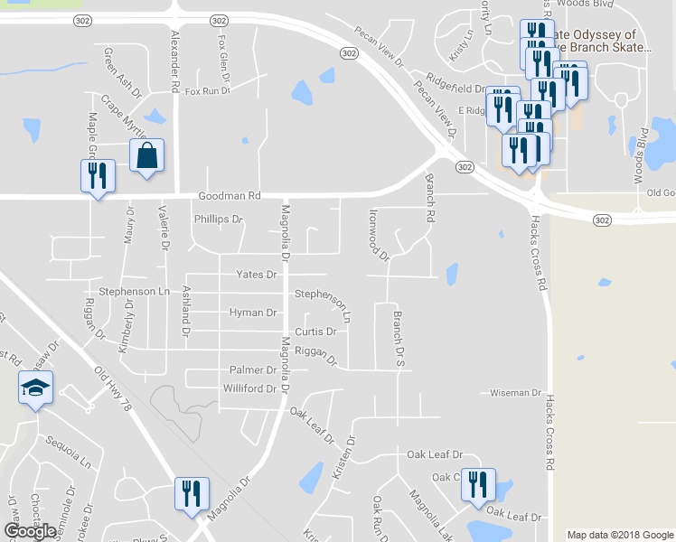 map of restaurants, bars, coffee shops, grocery stores, and more near 10398 Yates Drive in Olive Branch