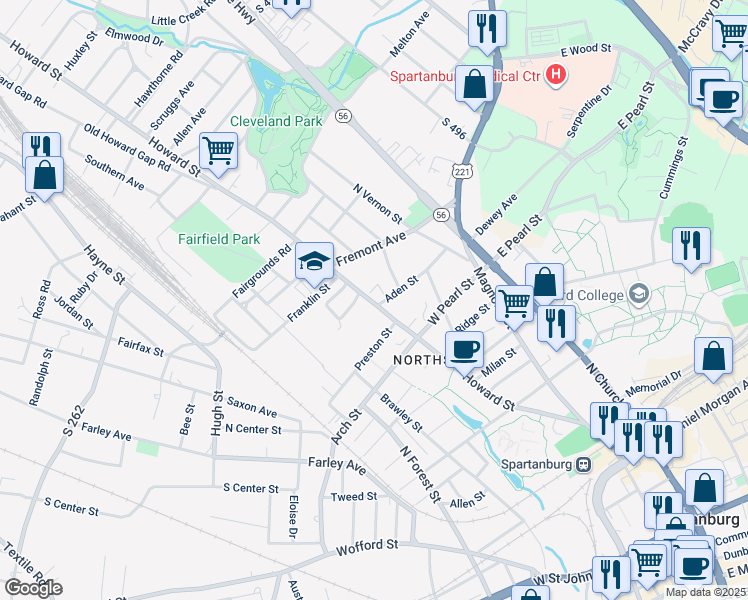 map of restaurants, bars, coffee shops, grocery stores, and more near 695 Howard Street in Spartanburg