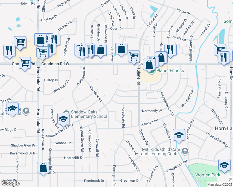 map of restaurants, bars, coffee shops, grocery stores, and more near 3429 Laurelwood Drive in Horn Lake