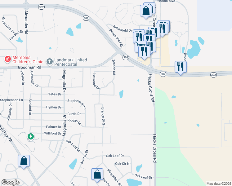 map of restaurants, bars, coffee shops, grocery stores, and more near 6600 Sassafras Street in Olive Branch