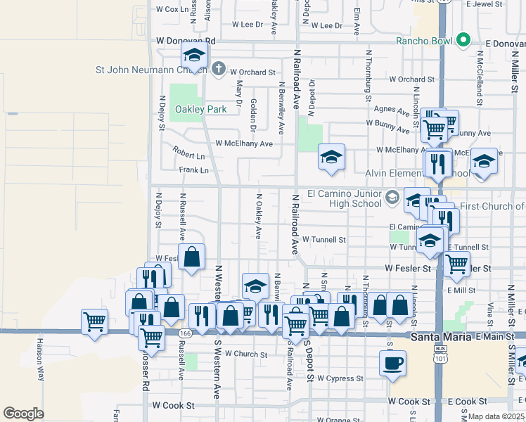 map of restaurants, bars, coffee shops, grocery stores, and more near 614 North Oakley Avenue in Santa Maria