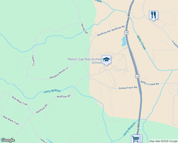 map of restaurants, bars, coffee shops, grocery stores, and more near Wolf Fork Road in Rabun