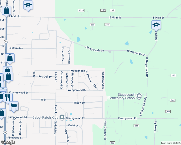 map of restaurants, bars, coffee shops, grocery stores, and more near 45 Woodbridge Drive in Cabot