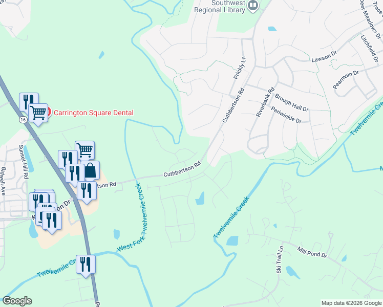 map of restaurants, bars, coffee shops, grocery stores, and more near 2122 Cuthbertson Road in Waxhaw