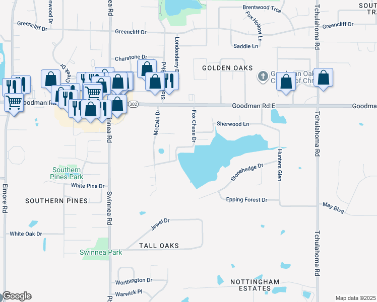 map of restaurants, bars, coffee shops, grocery stores, and more near 1375 Fox Chase Drive in Southaven