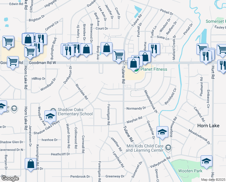 map of restaurants, bars, coffee shops, grocery stores, and more near 3410 Laurelwood Drive in Horn Lake