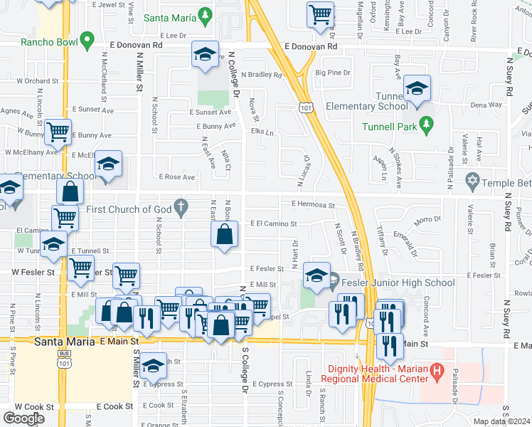 map of restaurants, bars, coffee shops, grocery stores, and more near 828 East Hermosa Street in Santa Maria