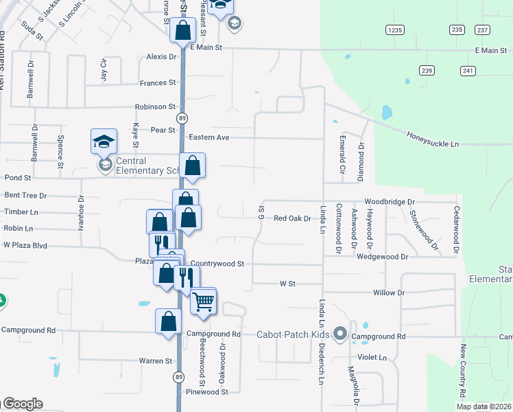 map of restaurants, bars, coffee shops, grocery stores, and more near 34 Red Oak Drive in Cabot