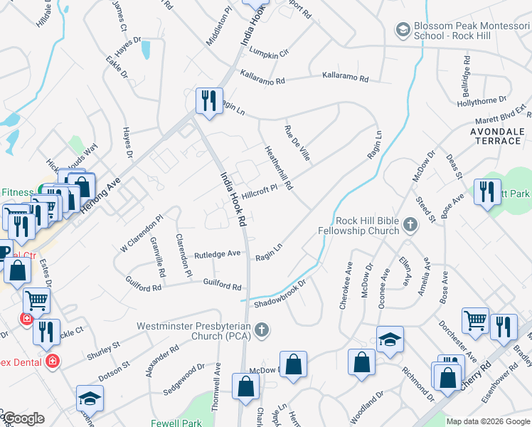map of restaurants, bars, coffee shops, grocery stores, and more near 1638 India Hook Road in Rock Hill