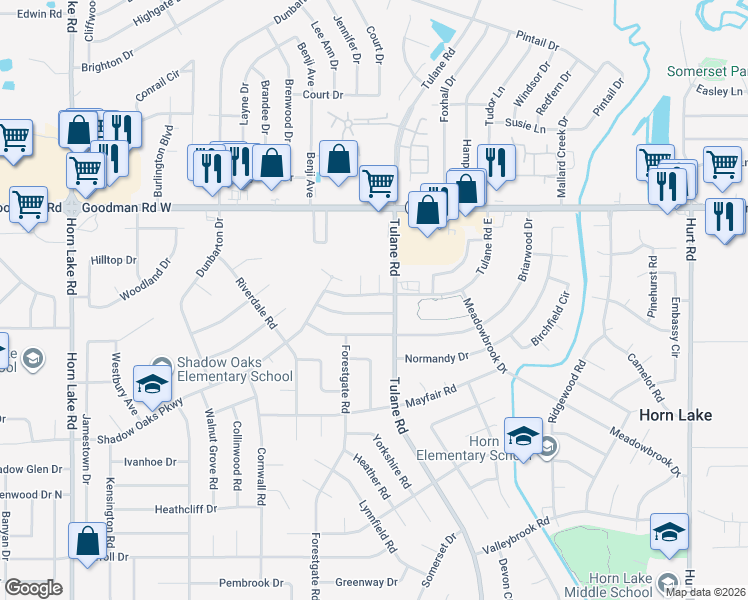 map of restaurants, bars, coffee shops, grocery stores, and more near 3410 Laurelwood Drive in Horn Lake