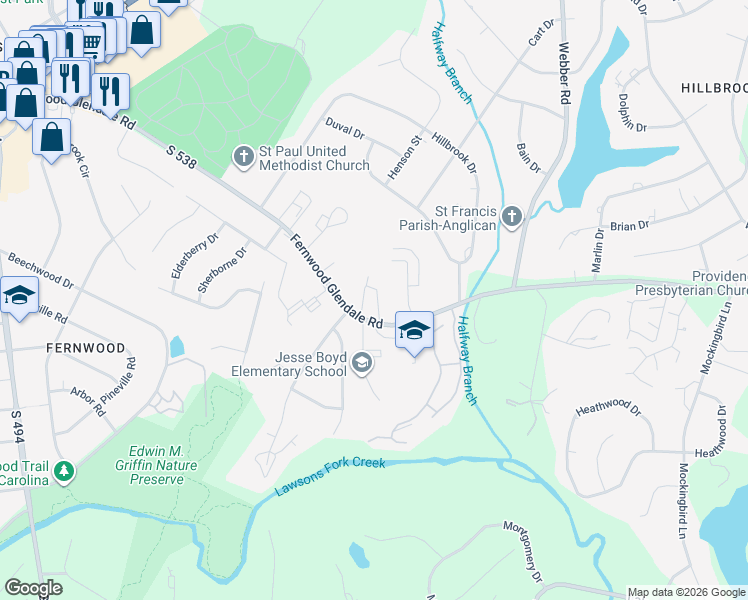 map of restaurants, bars, coffee shops, grocery stores, and more near 1475 Fernwood Glendale Road in Spartanburg