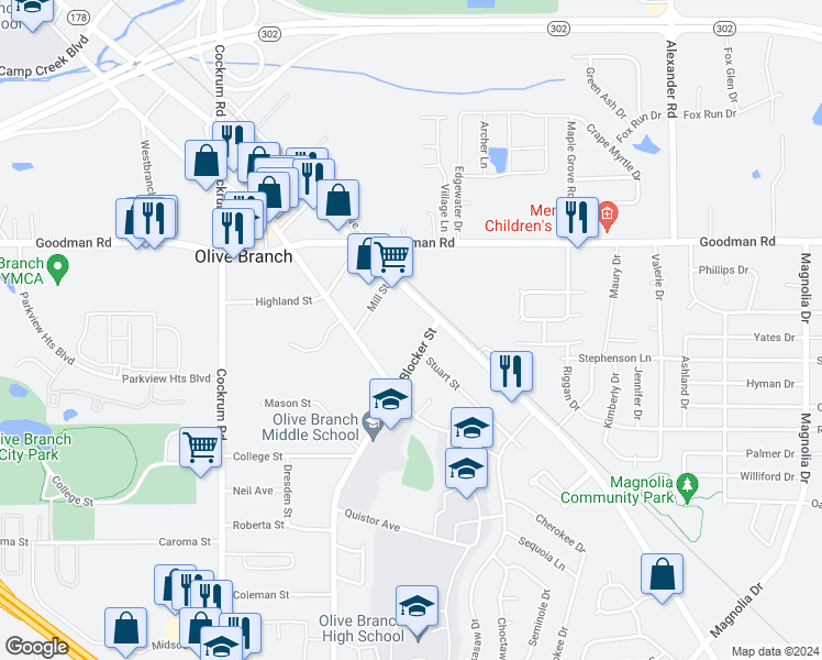 map of restaurants, bars, coffee shops, grocery stores, and more near 6775 Blocker Street in Olive Branch