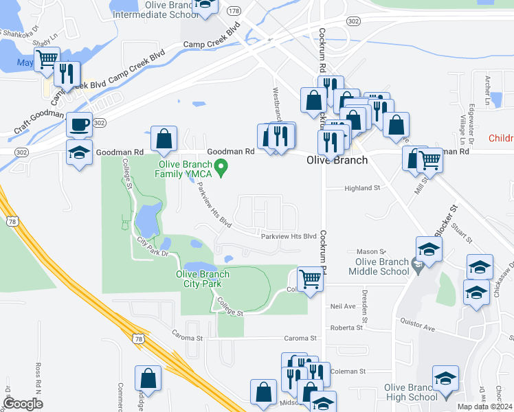 map of restaurants, bars, coffee shops, grocery stores, and more near 8708 Nuthatch Lane in Olive Branch