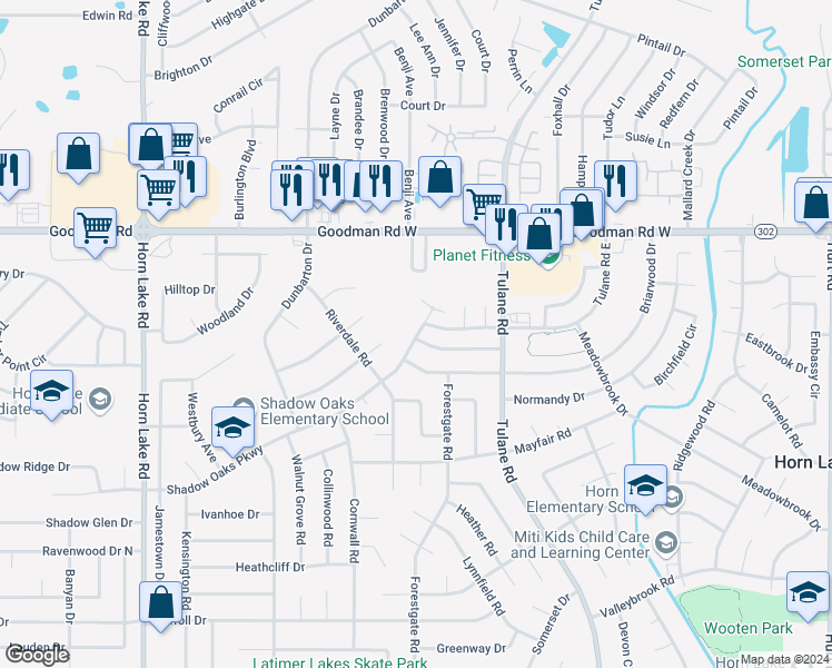 map of restaurants, bars, coffee shops, grocery stores, and more near 3429 Laurelwood Drive in Horn Lake