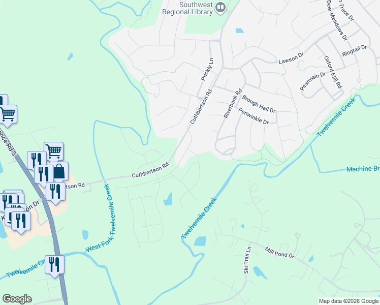 map of restaurants, bars, coffee shops, grocery stores, and more near 2122 Cuthbertson Road in Waxhaw