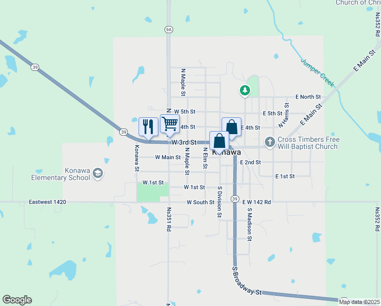 map of restaurants, bars, coffee shops, grocery stores, and more near 328 West Main Street in Konawa