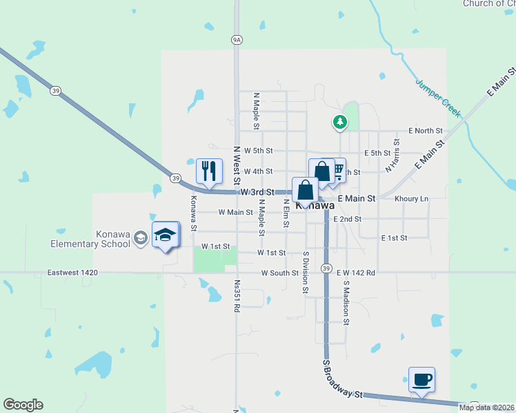 map of restaurants, bars, coffee shops, grocery stores, and more near 328 West Main Street in Konawa