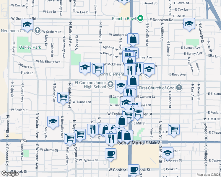 map of restaurants, bars, coffee shops, grocery stores, and more near 219 West El Camino Street in Santa Maria