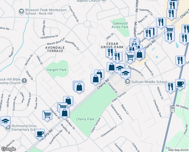 map of restaurants, bars, coffee shops, grocery stores, and more near 1770 Northgate Lane in Rock Hill