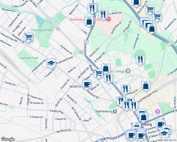 map of restaurants, bars, coffee shops, grocery stores, and more near 154 Ridge Street in Spartanburg
