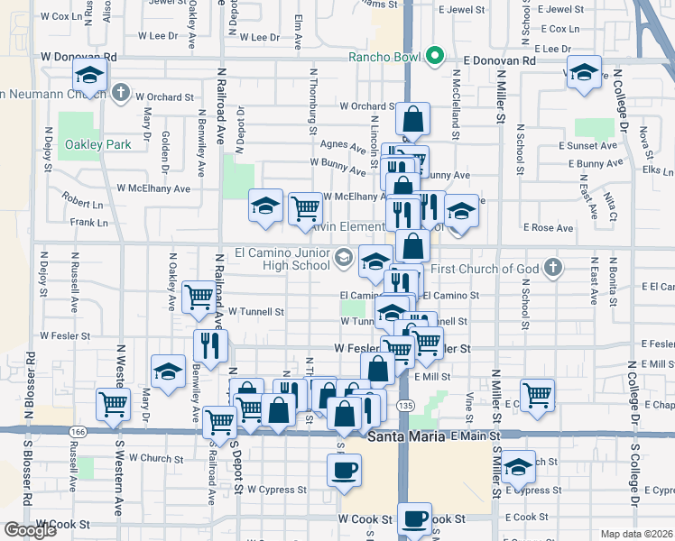 map of restaurants, bars, coffee shops, grocery stores, and more near 219 West El Camino Street in Santa Maria
