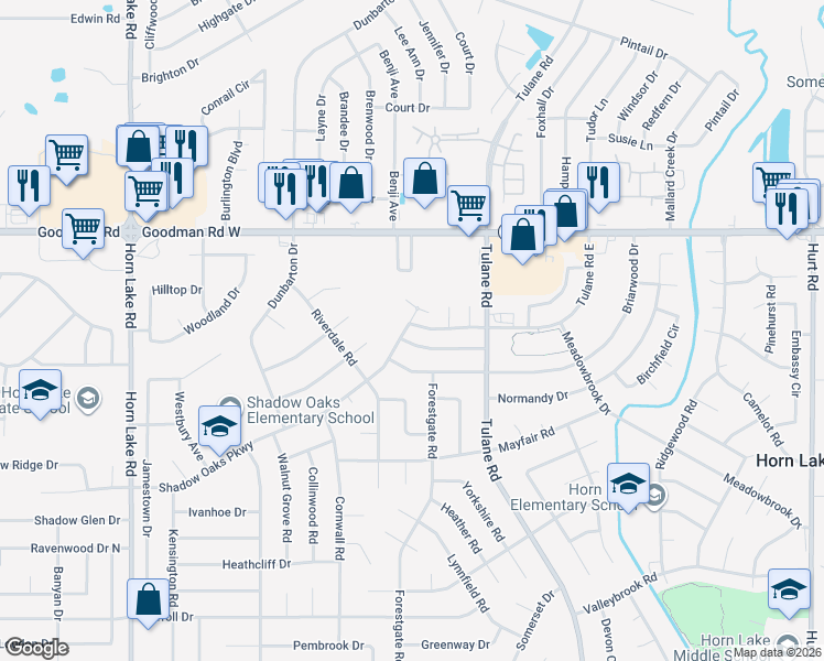map of restaurants, bars, coffee shops, grocery stores, and more near 3345 Tulane Road West in Horn Lake