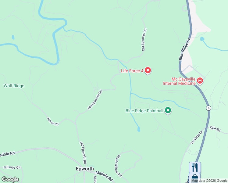 map of restaurants, bars, coffee shops, grocery stores, and more near 1411 Old Epworth Road in Epworth