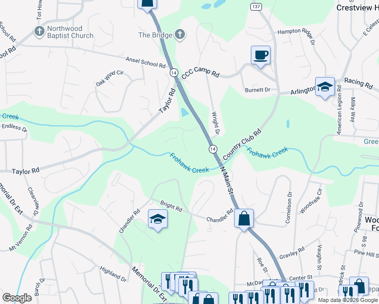 map of restaurants, bars, coffee shops, grocery stores, and more near 2007 South Carolina 14 in Greer