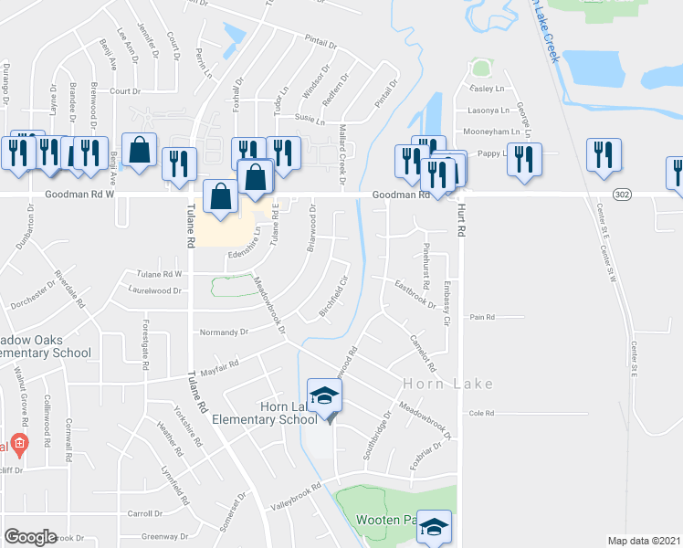map of restaurants, bars, coffee shops, grocery stores, and more near 6615 Birchfield Circle in Horn Lake