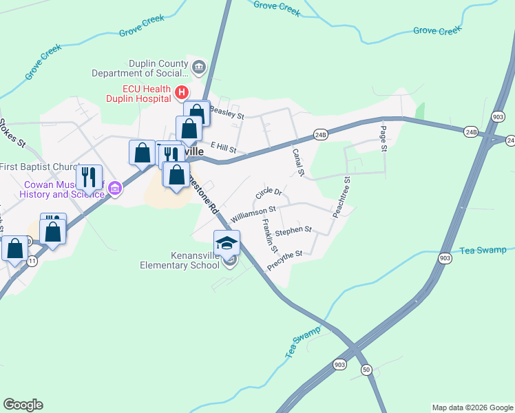 map of restaurants, bars, coffee shops, grocery stores, and more near 306 Franklin Street in Kenansville