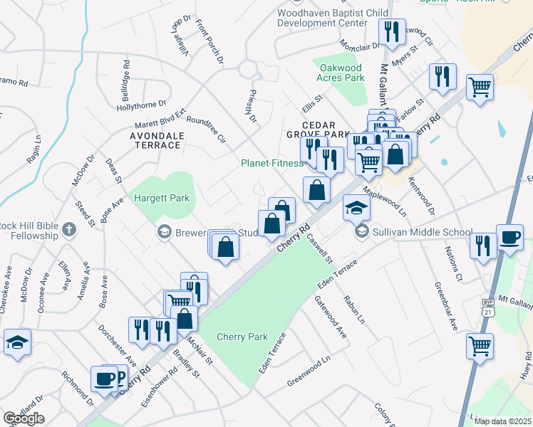 map of restaurants, bars, coffee shops, grocery stores, and more near 1770 Northgate Lane in Rock Hill