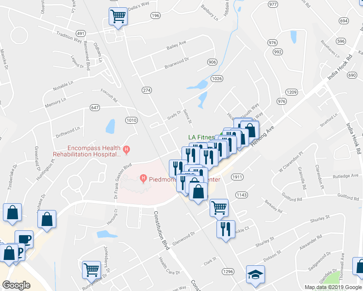 map of restaurants, bars, coffee shops, grocery stores, and more near 1773 Ebenezer Road in Rock Hill