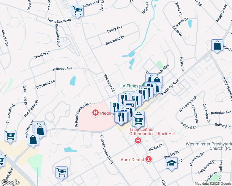 map of restaurants, bars, coffee shops, grocery stores, and more near 1773 Ebenezer Road in Rock Hill