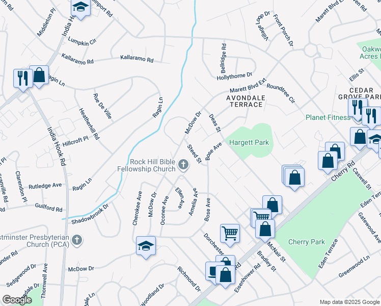 map of restaurants, bars, coffee shops, grocery stores, and more near 1343 Steed Street in Rock Hill