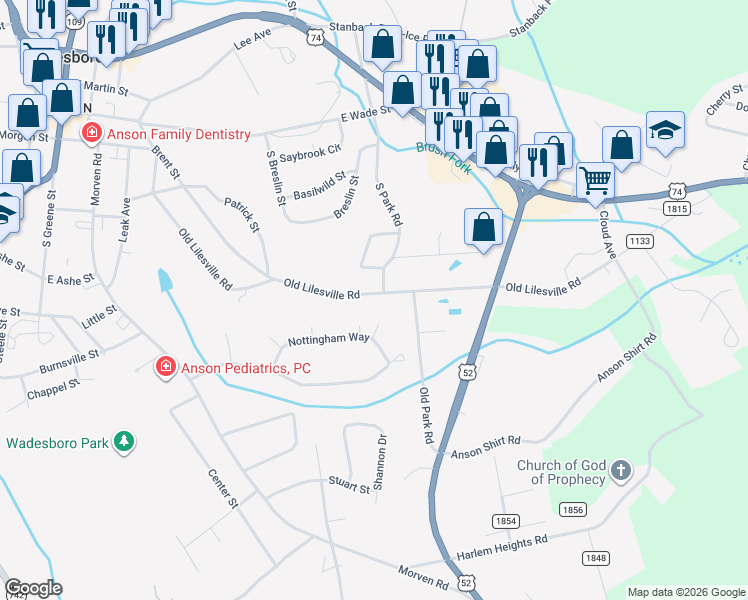 map of restaurants, bars, coffee shops, grocery stores, and more near 1 Kingston Place in Wadesboro