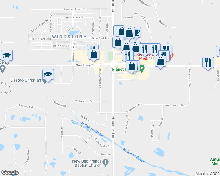 map of restaurants, bars, coffee shops, grocery stores, and more near 6787 Pleasant Hill Road in Olive Branch