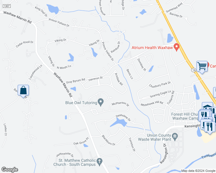 map of restaurants, bars, coffee shops, grocery stores, and more near 2910 Arsdale Road in Waxhaw