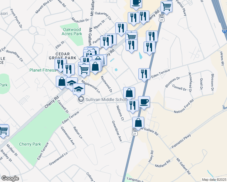 map of restaurants, bars, coffee shops, grocery stores, and more near 2003 Eden Terrace in Rock Hill