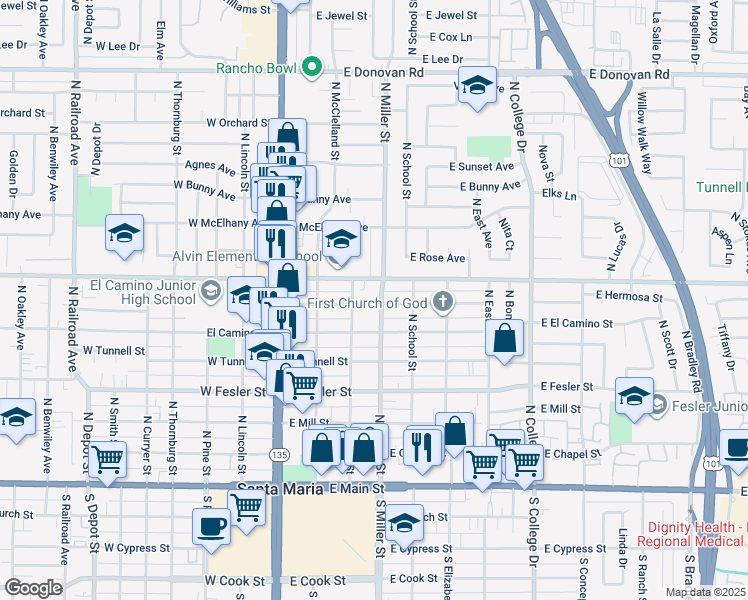 map of restaurants, bars, coffee shops, grocery stores, and more near 313 East El Camino Street in Santa Maria