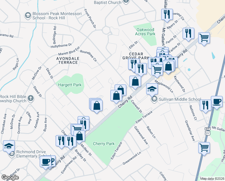 map of restaurants, bars, coffee shops, grocery stores, and more near 1770 Northgate Lane in Rock Hill