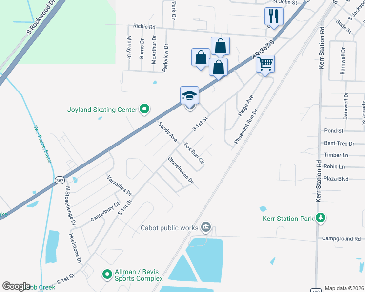 map of restaurants, bars, coffee shops, grocery stores, and more near 77 Fox Run Circle in Cabot